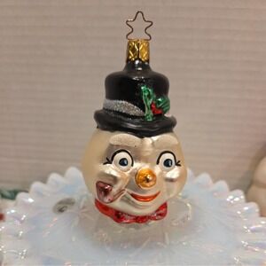 INGE GLAS SMILING SNOWMAN W/HOLLY & PIPE CHRISTMAS GLASS ORNAMENT HOLIDAY
